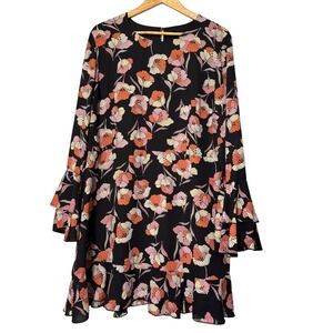 WHO WHAT WEAR Black Floral Bell Sleeve Ruffle Hem Mini Dress Women's XXL‎